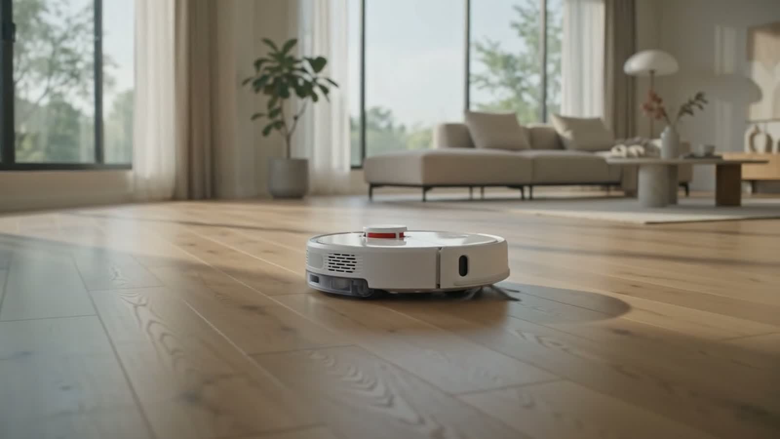 A white robot vacuum cleaning light oak floors in a bright modern living room