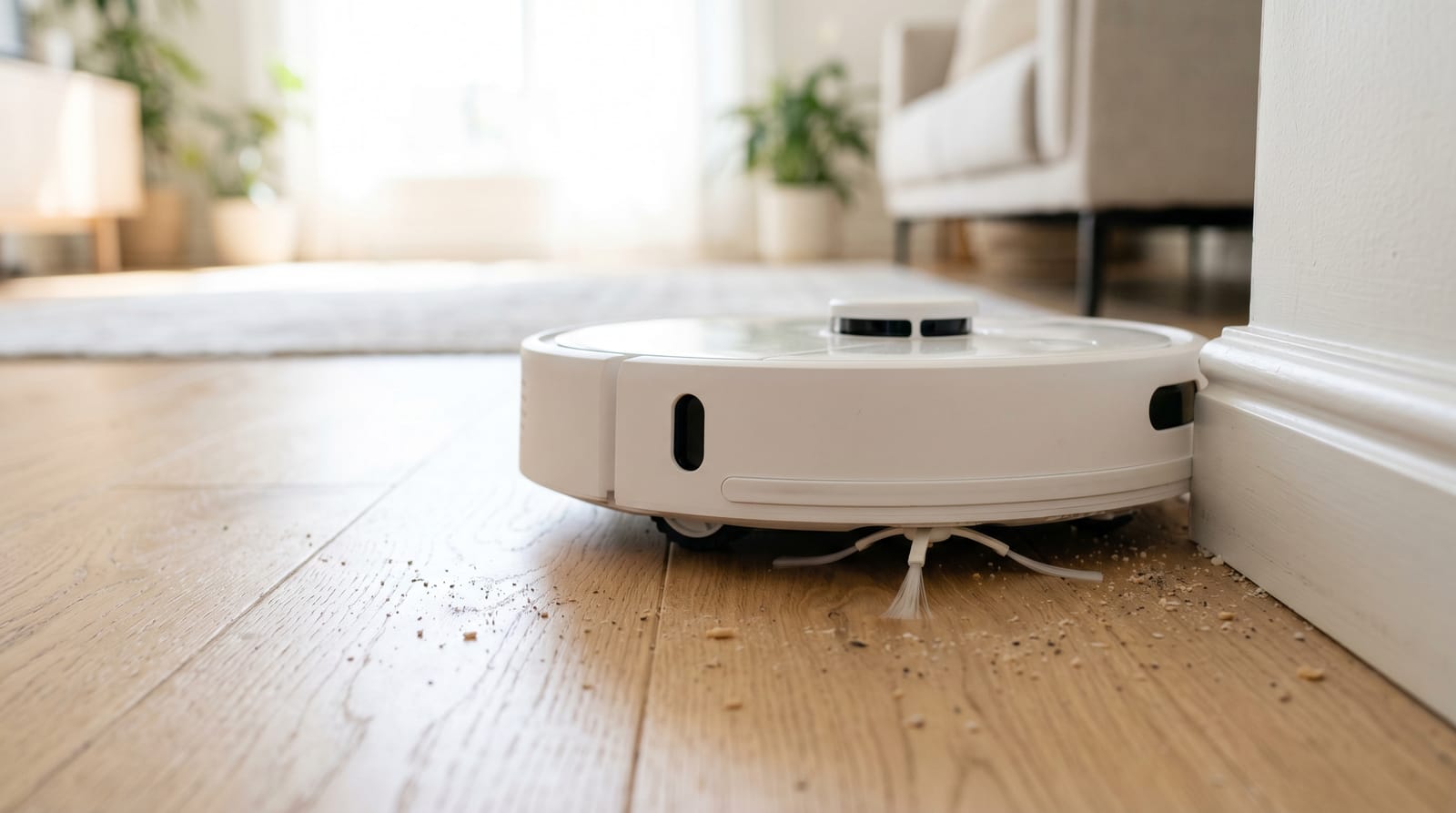 Close-up of a white robot vacuum's side brush sweeping dust along a baseboard on light oak flooring